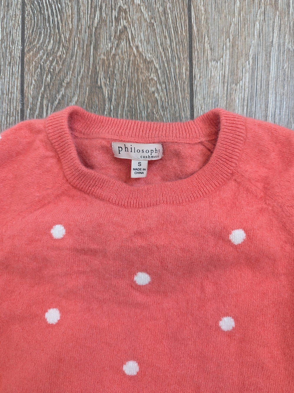 Philosophy Cashmere Sweater Small Coral Pink Polka Dot Crew Neck Cozy - Picture 2 of 8